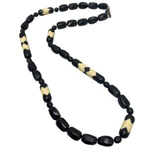 Monet Vintage Necklace Black Cream Chunky Beads Aztec Zigzag 34" Boho